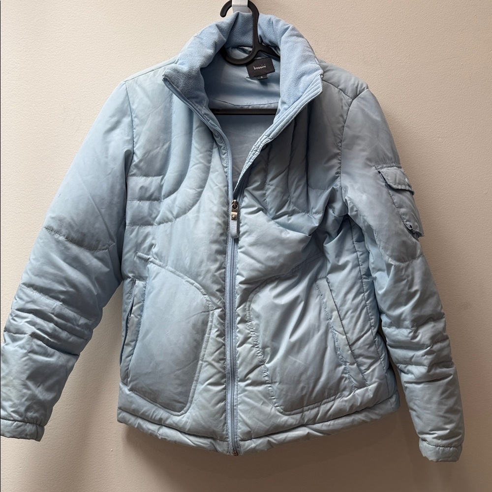 Bossini Light Blue White Duck Down Puffer Jacket | Quilted Zip Coat | Size S